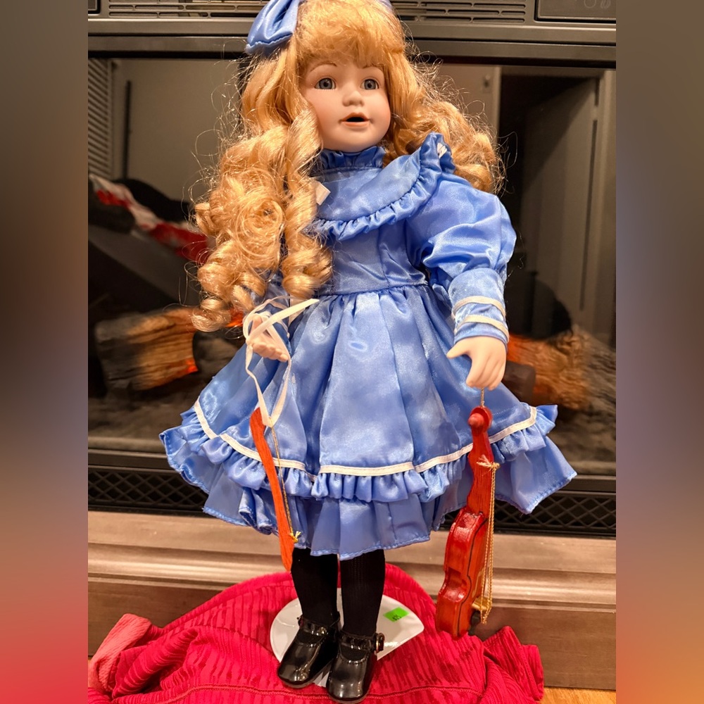 Blue Victorian-Style Porcelain Doll with Violin - Kids Toys